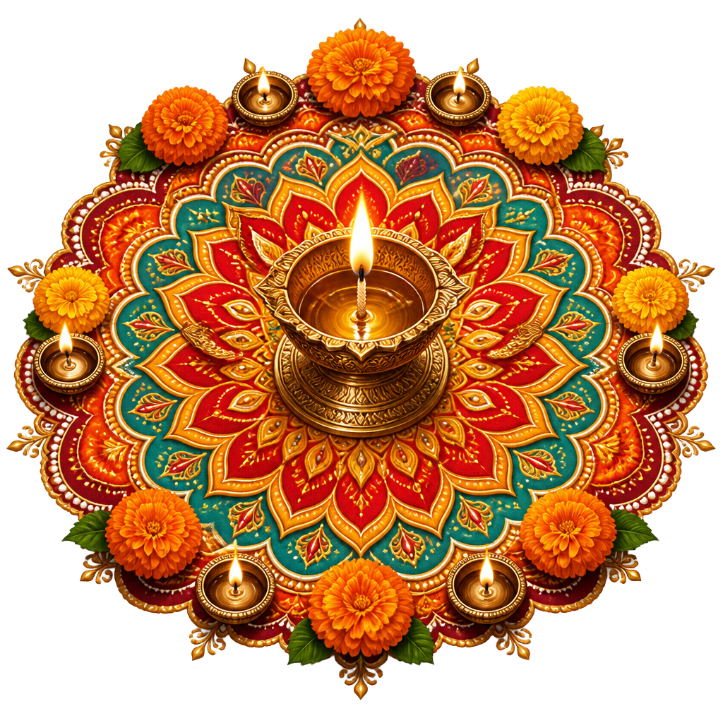 Brass diya at the centre of a colourful rangoli