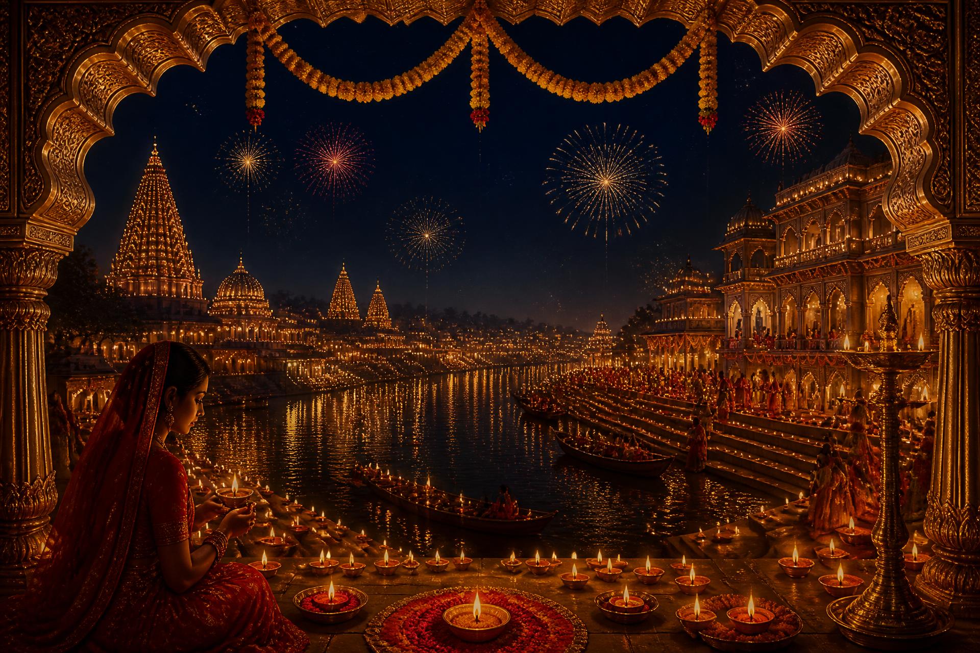 Diyas glowing along a temple riverfront on Deepawali night